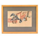 AFTER MIYAKAWA; a Japanese woodblock print, figures outside a garden entrance, 19 x 29cm, framed and