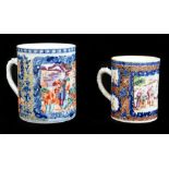 Two 18th century Chinese Export Famille Rose mugs of cylindrical form including an example with