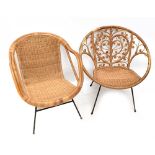A 1970s wicker tub chair with scrolling decoration raised on black metal legs, together with a