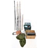 FISHING; a group of equipment including an Abu Garcia Enticer beach rod and three further rods,