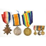 A WWI medal trio awarded to 9088 Cpl. H. May Royal Dublin Fusiliers and corresponding miniatures.