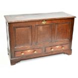 An 18th century oak coffer with three panel front.Additional InformationGeneral losses to top,