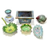 A group of Chinese enamel ware including a cloisonné footed bowl of rectangular form, width 14cm,