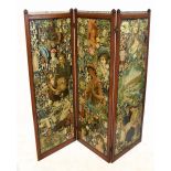A late Victorian walnut two fold, three section scrap screen with pierced brass gallery above six