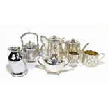 A 19th century silver plated four piece tea service, with engraved detailing, with three other