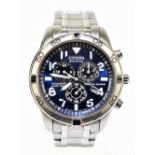 CITIZEN; a gentleman's Eco-Drive wristwatch, the blue face set with three subsidiary dials and