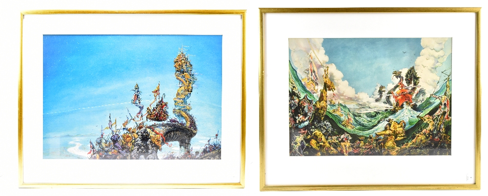 AFTER JOSH KIRBY; pair of colour prints, fantasy scenes, 38.5 x 56cm, both framed and glazed (2).