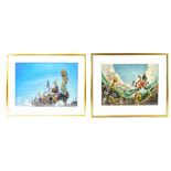 AFTER JOSH KIRBY; pair of colour prints, fantasy scenes, 38.5 x 56cm, both framed and glazed (2).