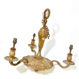 A 20th century gilt metal three-branch ceiling light fitting (converted to electricity), height