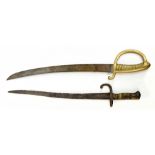 An early 19th century French sabre, with brass handle, impressed marks and faint signature to blade,