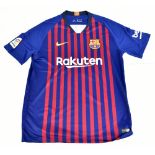 LIONEL MESSI; a Nike FC Barcelona 2018 home shirt signed with ‘Messi 10’ to reverse, size XL.