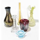 A collection of Art and other glassware, including a Laugharne Cranberry glass vase with applied