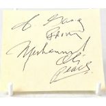 MUHAMMAD ALI; a small cut piece of paper bearing the signature and inscribed, 'Peace'.