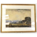 ALEC CARRUTHERS GOULD RBA (1870-1948); watercolour, extensive landscape with harvesters,
