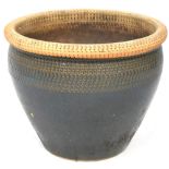 A large stoneware garden planter with Air Force blue glaze, height 37cm, diameter 48cm.