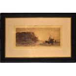 AFTER M MORRIS; a signed black and white etching of cattle in a river, blind stamp lower left,