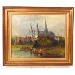 INDISTINCTLY SIGNED; oil on board, idyllic townscape with church towers in the background,