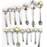 Fifteen French and English hallmarked silver teaspoons, some with enamelled tourist locations,