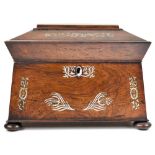 A 19th century rosewood sarcophagus twin-section tea caddy, with mother of pearl inlay, to bun feet.