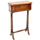 A 19th century mahogany rectangular sewing box, to tapering baluster supports and cross-stretcher,