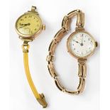 Two vintage ladies' 9ct gold wristwatches, one with white enamelled dial set with Arabic numerals,
