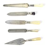 Five hallmarked silver bookmarks, four with mother of pearl handles, on in the form of a trowel,