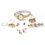 Various items of gold jewellery to include a yellow metal amethyst, peridot and seed pearl brooch,