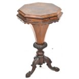 A 19th century walnut octagonal sewing table, green and gilt original paper lining,