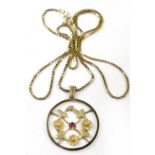 A 9ct yellow gold box link chain and an Edwardian-style 9ct gold circular pendant with floral and