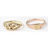 Two 9ct gold rings, one a small square signet ring with initial L, size P,