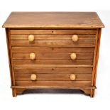 A 20th century pine chest of three long drawers raised on bracket feet, 81 x 90 x 46cm (af).