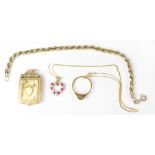 Various items of gold jewellery to include a 9ct gold rope twist bracelet, length 20cm,