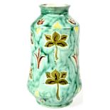 DELLA ROBBIA; a shouldered cylindrical vase, incised with leaf and triangular shaped in yellow,