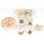 Seven commemorative Coronation mugs including a Wedgwood Queen Elizabeth II 1953 mug by Richard