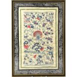 An Oriental embroidered silk panel of birds amongst flowers, within simple border, 41 x 28cm,