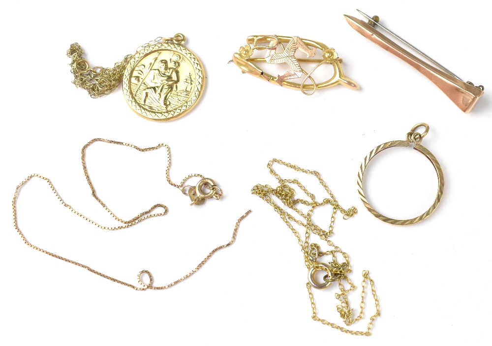 Various items of gold jewellery to include a 9ct gold St Christopher on 9ct gold thin necklace,
