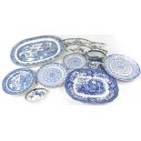 Blue and white wares comprising a Willow pattern meat plate,