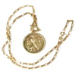 A 9ct gold circular St Christopher pendant, diameter 2cm, on 9ct gold box link necklace chain,