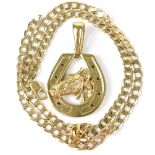 A 9ct yellow gold flat link chain with a large yellow metal horseshoe pendant with central horse's