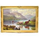 L FISHER; oil on canvas, cattle drinking at a Highland lake with mountains to the background,