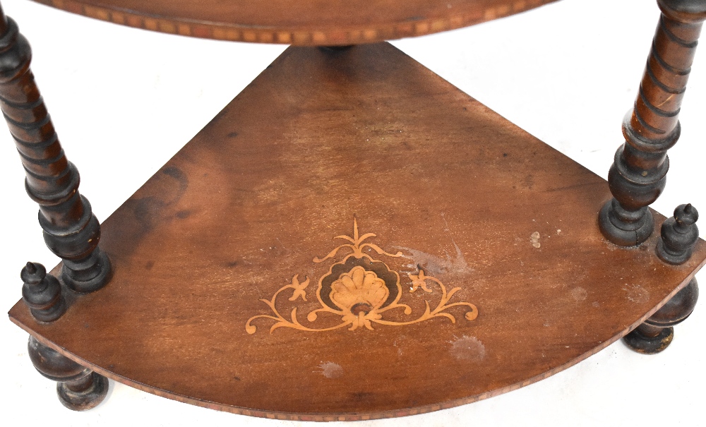 A 19th century inlaid mahogany four-tier whatnot, fan and shell carved top with urn finials, - Image 3 of 3