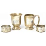 A small mixed lot of hallmarked silver items including a Christening beaker with inscription,