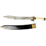 A late 19th century Eastern knife with bone handle, chased work to the blade, indistinct lettering,
