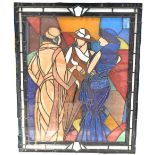 A contemporary rectangular stained glass panel with leaded detail depicting three figures, 81.