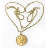 An Edward VII half sovereign 1905 in 9ct gold pendant mount, on 9ct gold dainty necklace,
