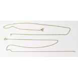 Two similar 9ct gold thin necklace chains, lengths approx 44cm and 46cm, combined approx 4.5g.