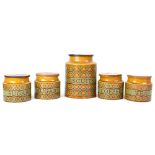 A group of five Hornsea 'Brontë' storage jars, brown ground with abstract green decoration,