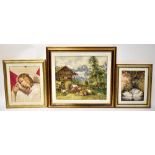 Three vintage hand embroidered woolwork pictures to include a large Swiss Alpine dwelling with girl