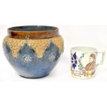 ROYAL DOULTON LAMBETH POTTERY; an early 20th century Chiné ware jardinière with brown glazed rim,