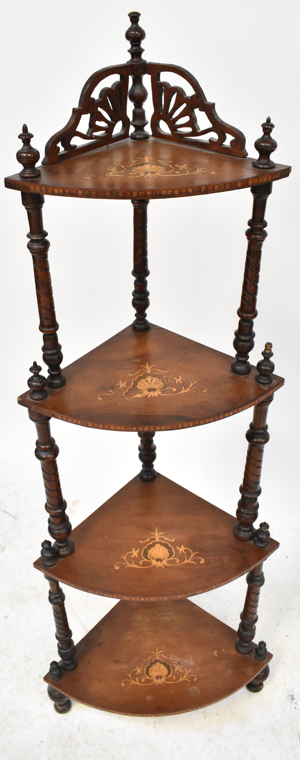 A 19th century inlaid mahogany four-tier whatnot, fan and shell carved top with urn finials, - Bild 2 aus 3